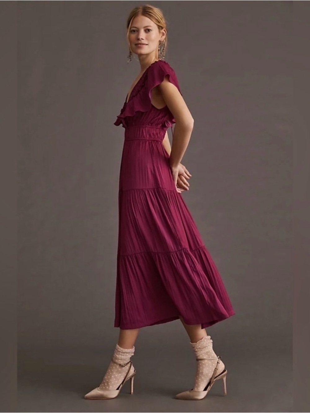 Anthropologie Ruffle Tiered Midi Dress Size XL Raspberry Flutter Sleeve Satin - Picture 3 of 13